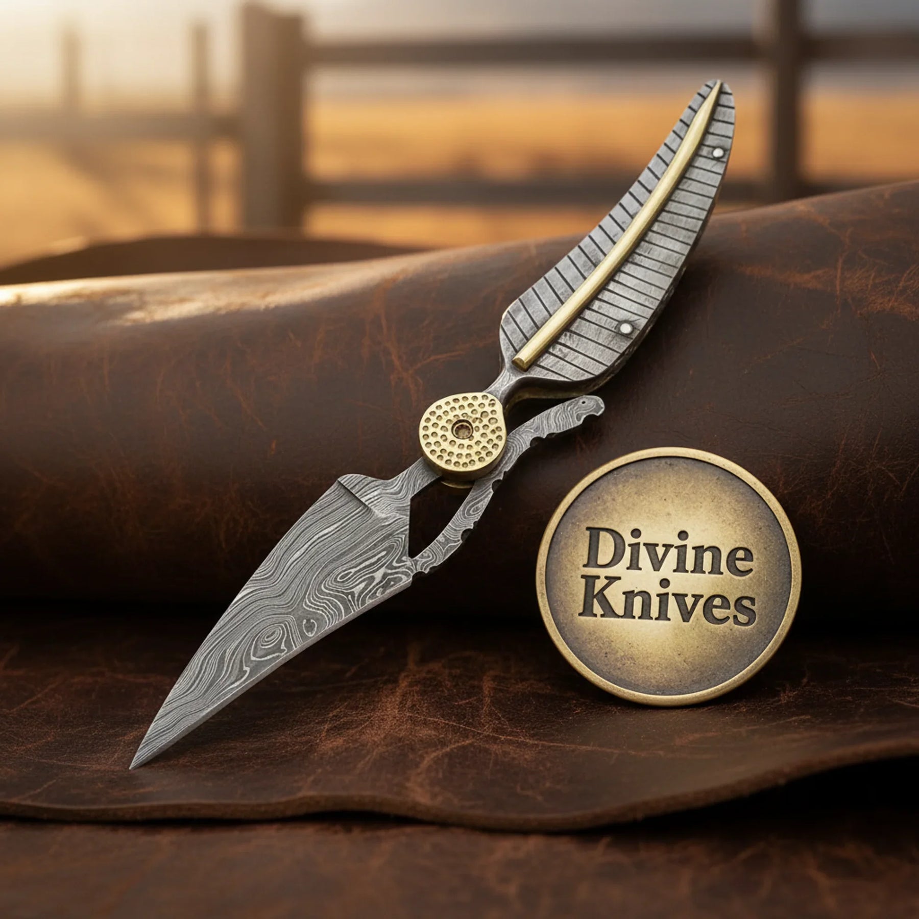 Brass Accent Damascus Leaf Blade Knife for Outdoor Carry by Divine Knives