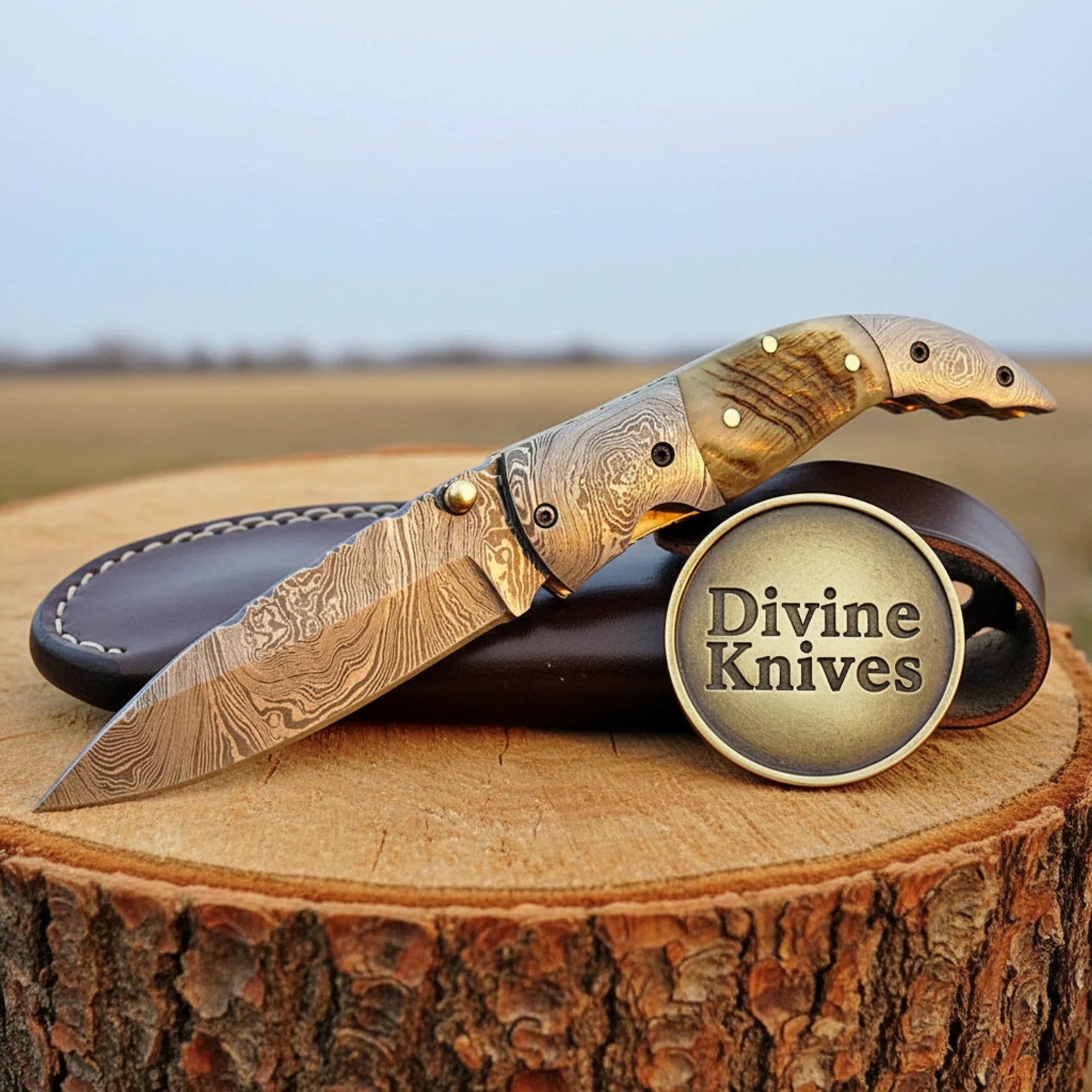 Ram Horn Handle Damascus Hawkbill Knife with Leather Sheath by Divine Knives