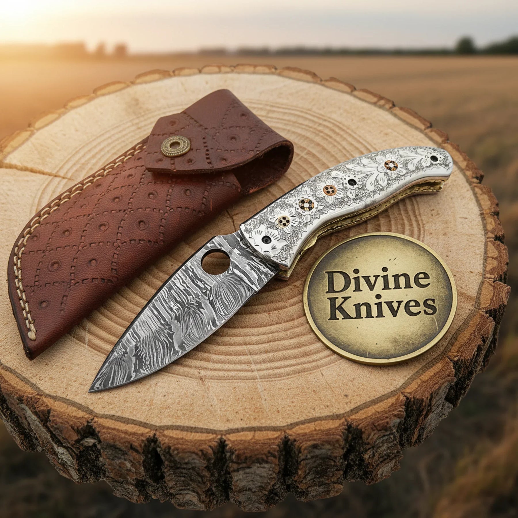 Hand-Engraved Handle Damascus Linear Lock Folding Knife by Divine Knives