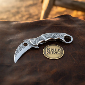 Engraved High Carbon Steel Karambit Style Knife with Mirror Polish Finish by Divine Knives