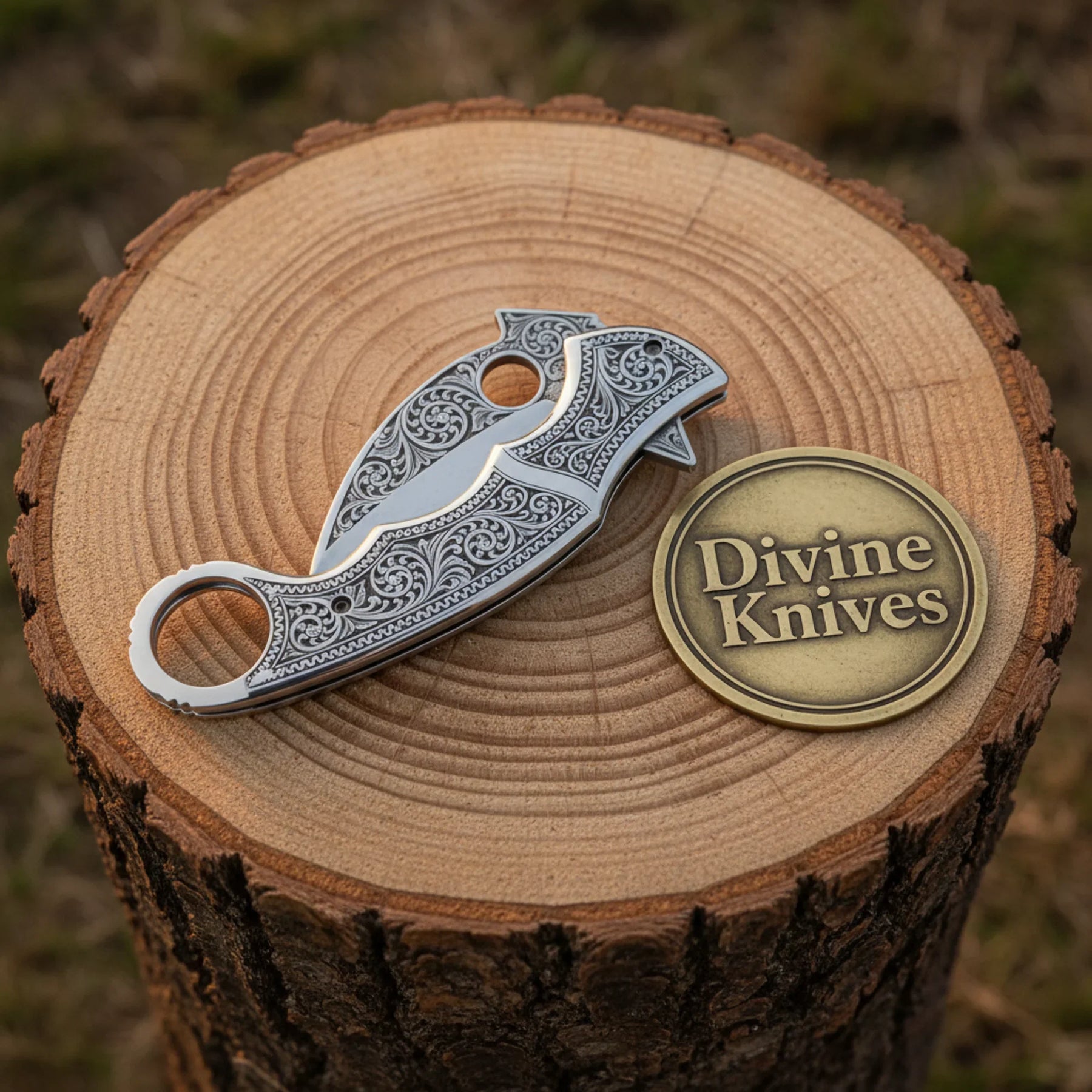 Engraved High Carbon Steel Karambit Style Knife with Mirror Polish Finish detail view by Divine Knives