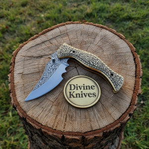 Hand-Engraved Folding Knife with Brass Handle – Handcrafted Liner Lock Pocket Knife, Art in Your Pocket by Divine Knives