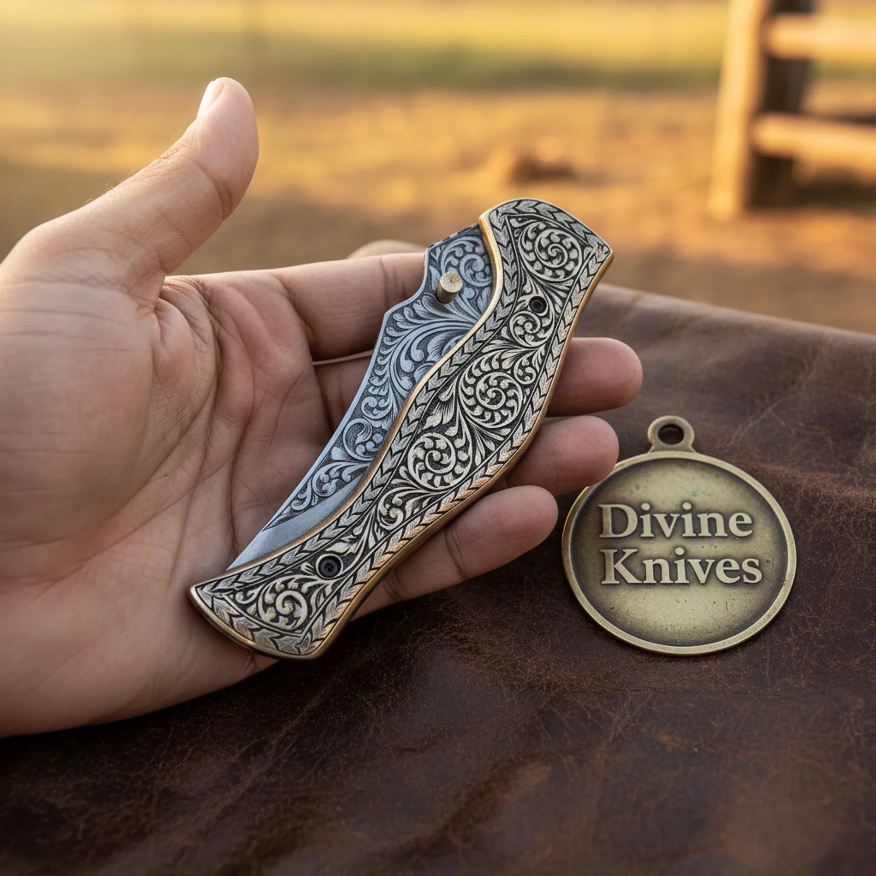Hand-Engraved Folding Knife with Brass Handle – Handcrafted Liner Lock Pocket Knife, Art in Your Pocket detail view by Divine