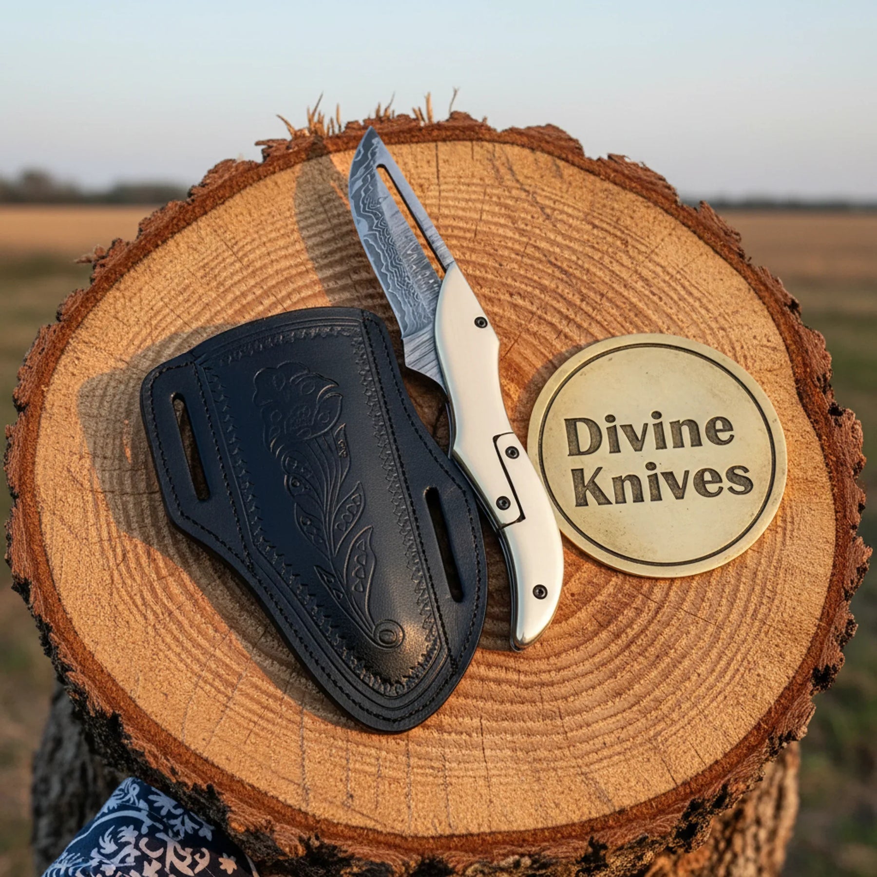 Engraved Steel Handle Damascus Folding Knife with Black Sheath by Divine Knives