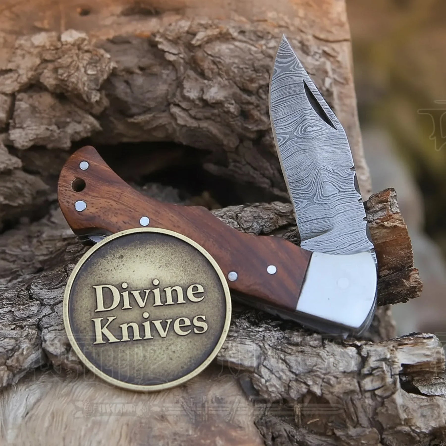 Rosewood Handle Damascus Knife with Steel Bolster and Leather Sheath by Divine Knives