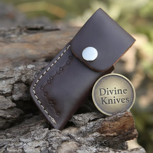 Rosewood Handle Damascus Knife with Steel Bolster and Leather Sheath detail view by Divine Knives