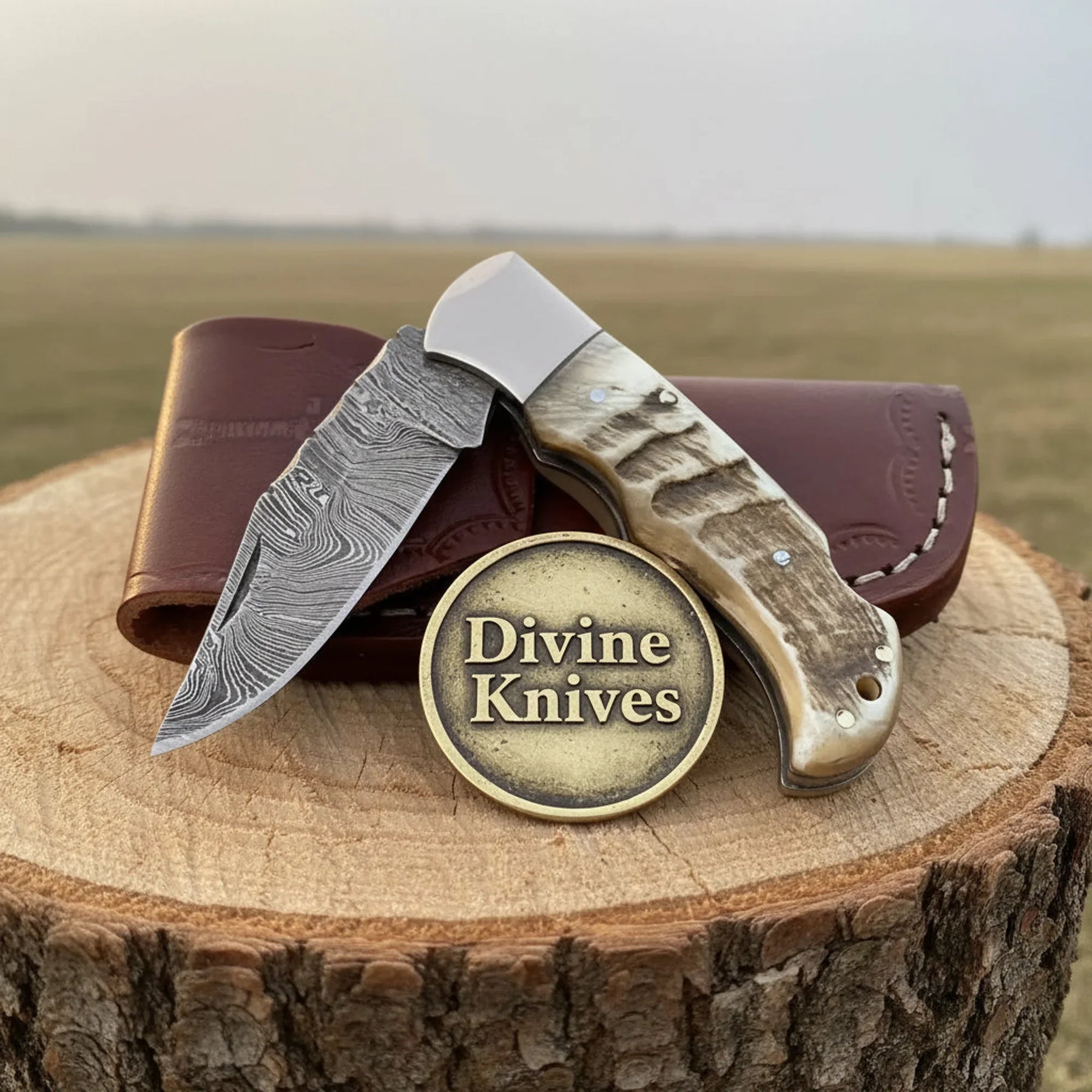 Ram Horn Handle Damascus Back Lock Knife with Steel Bolster by Divine Knives