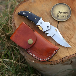 Linear Lock Folding Knife with Black Resin Handle and Cowhide Leather Sheath by Divine Knives