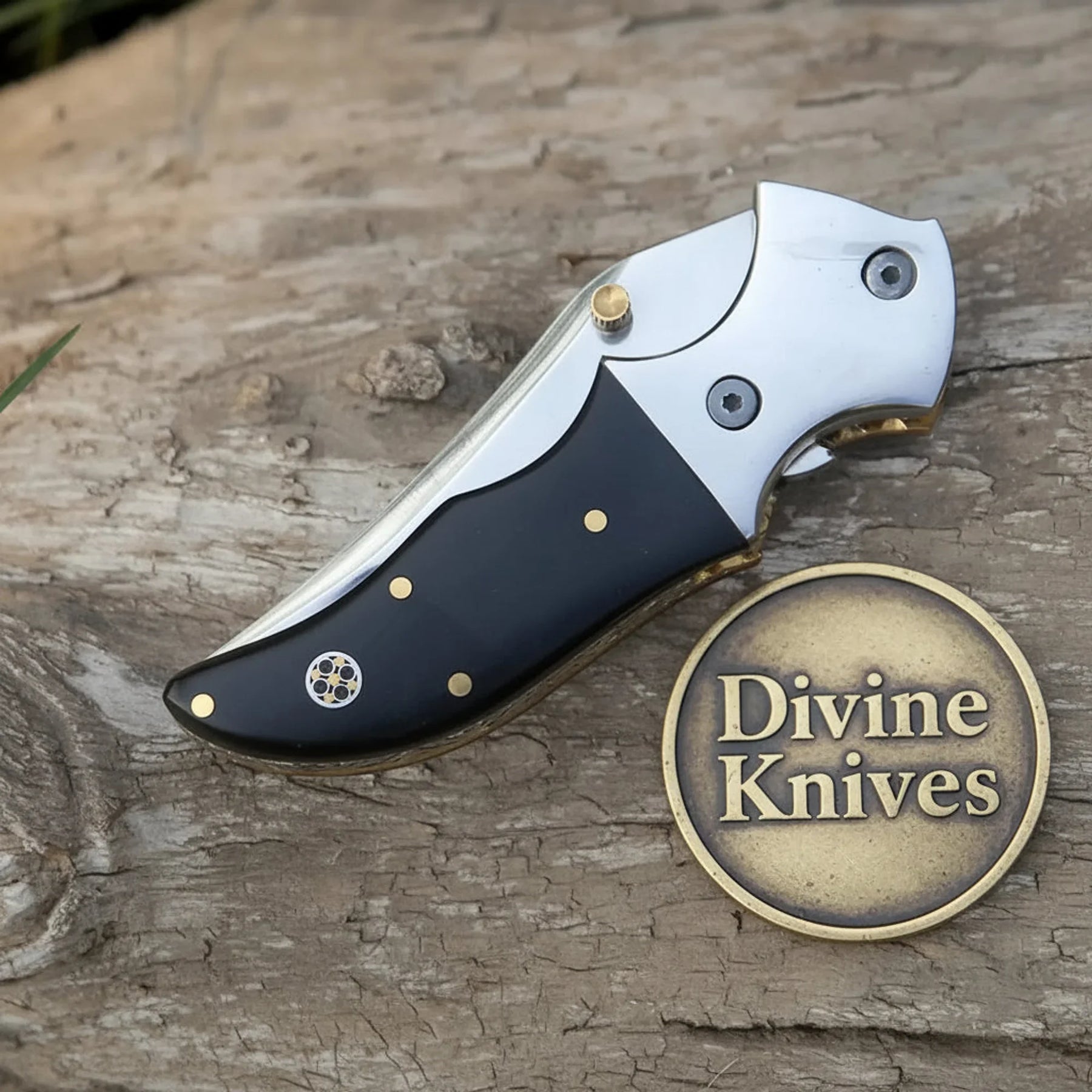 Linear Lock Folding Knife with Black Resin Handle and Cowhide Leather Sheath detail view by Divine Knives