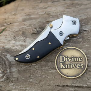 Linear Lock Folding Knife with Black Resin Handle and Cowhide Leather Sheath detail view by Divine Knives
