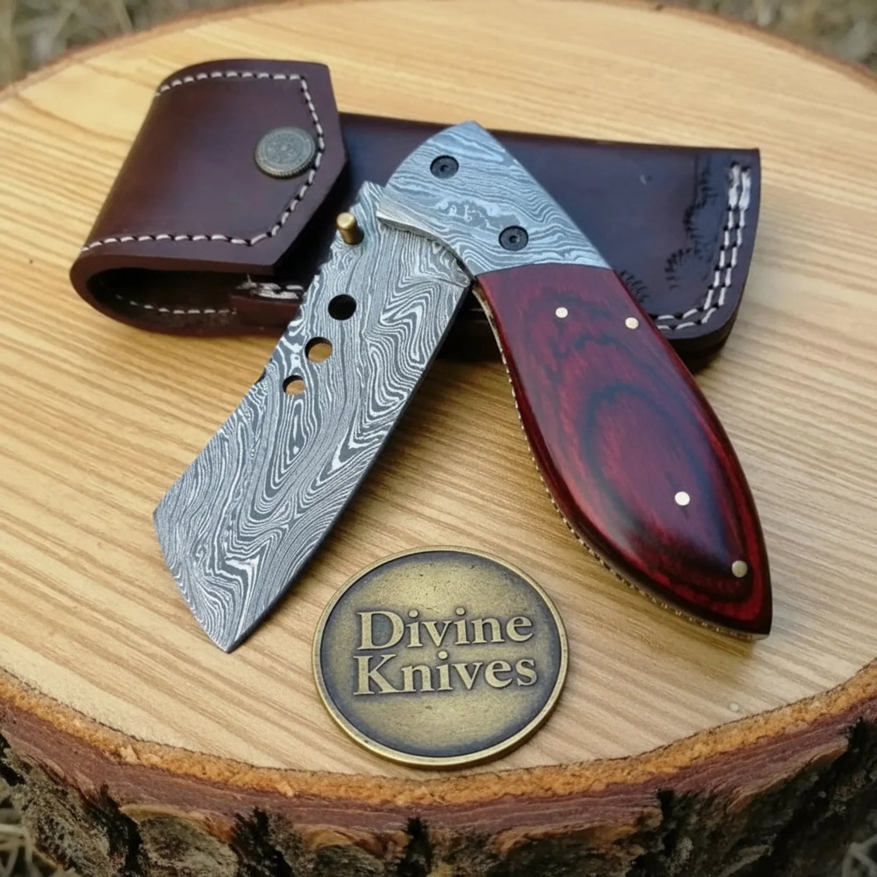 Tanto Style Damascus Folding Knife with Pakka Wood Handle by Divine Knives