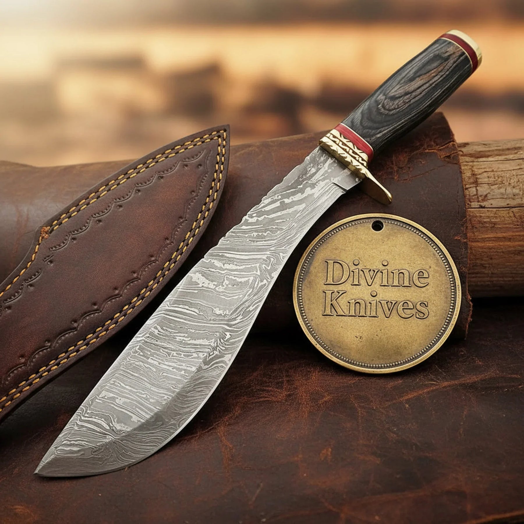 Hunting Bowie Knife with Wood Handle – Handcrafted High-Polished Outdoor Knife by Divine Knives