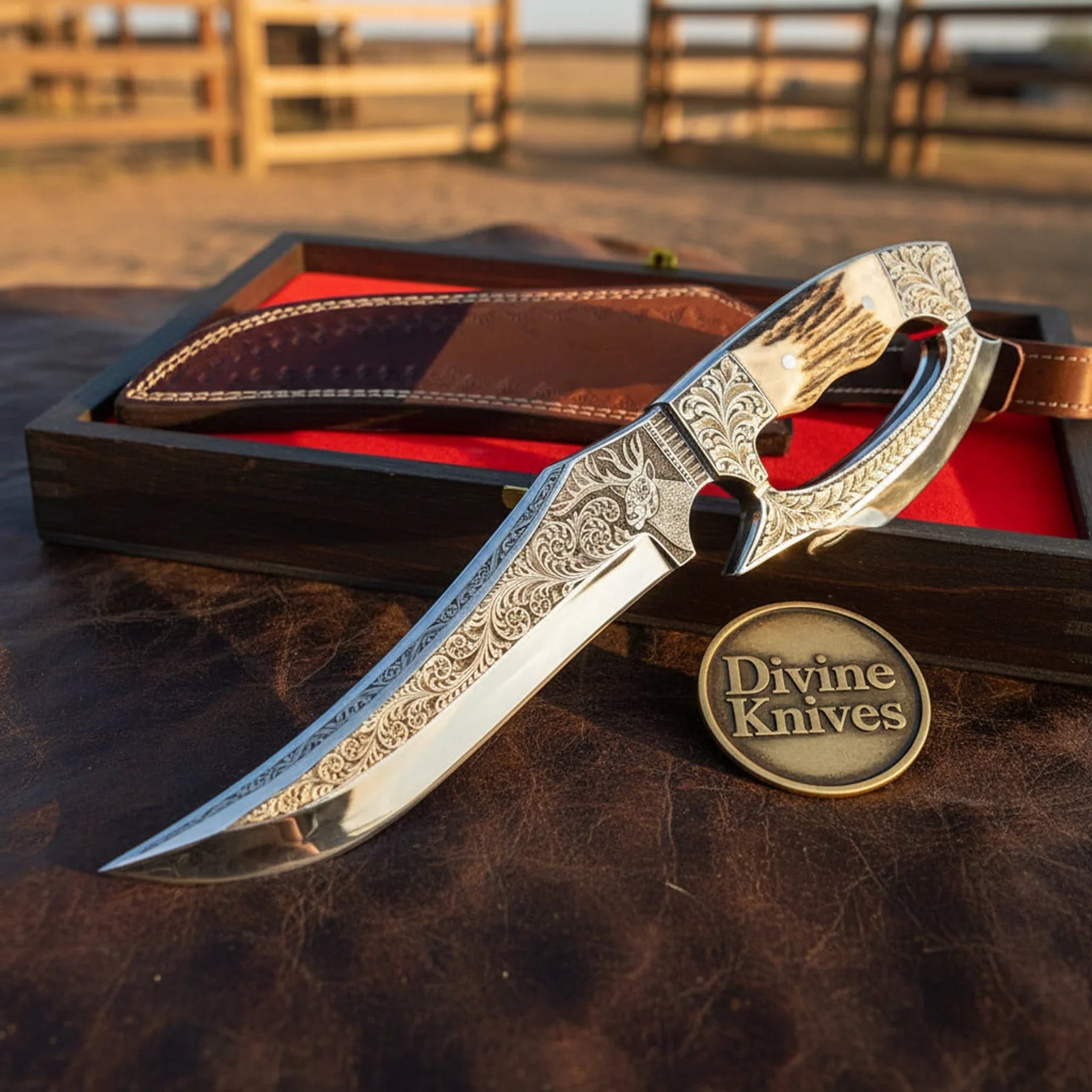 Damascus Skinner Knife with Basket Weave Leather Sheath by Divine Knives