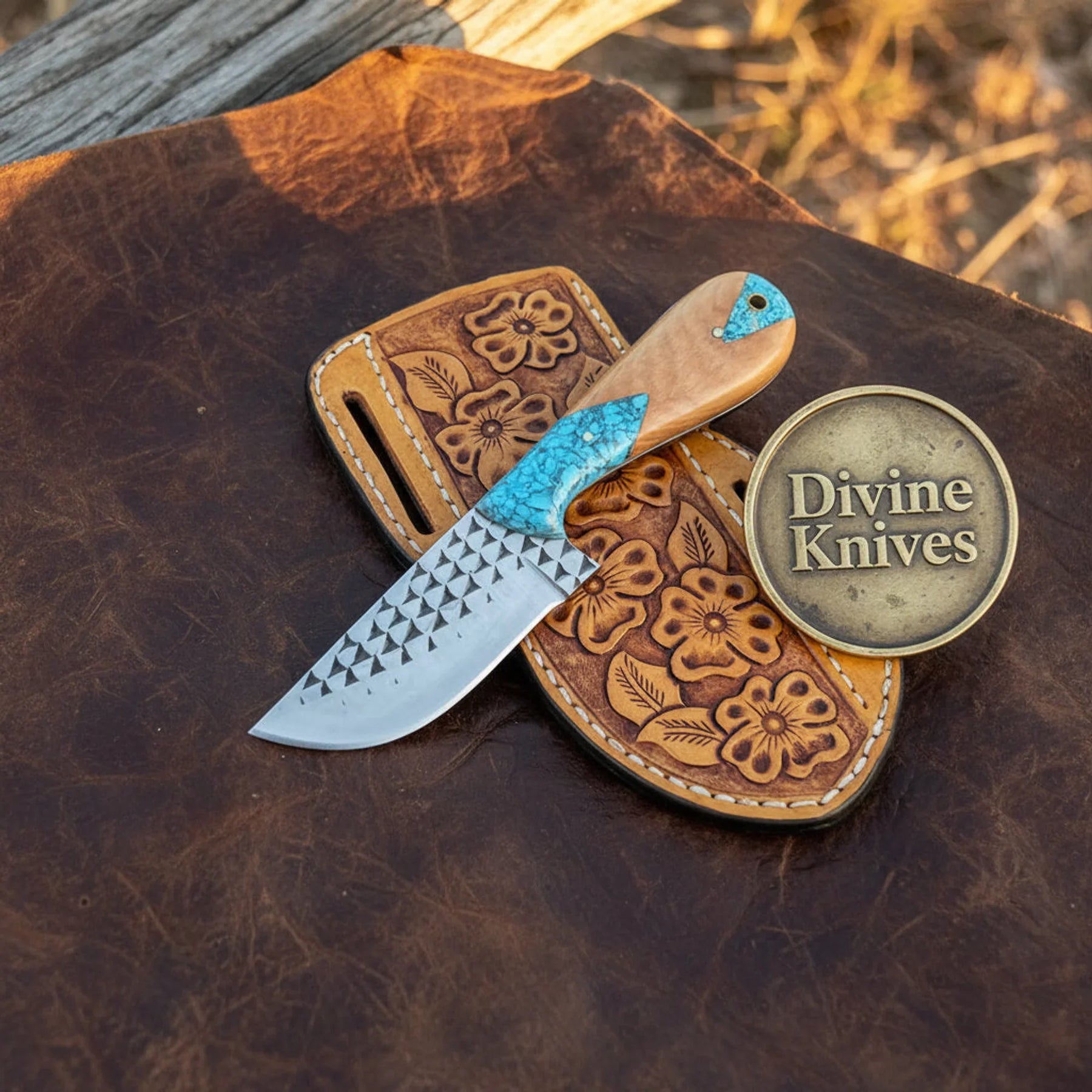 Rasp Steel Skinning Knife with Turquoise Handle – Handcrafted Recycled File Blade with Fish Sheath by Divine Knives