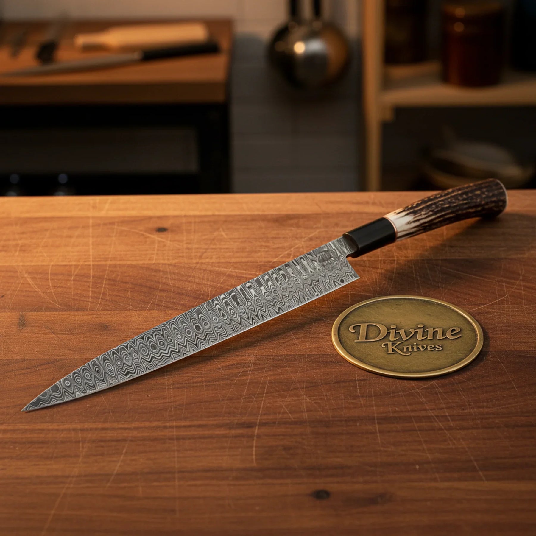 Damascus Chef Knife with Resin Handle – Handcrafted Green & Cream Kitchen Knife by Divine Knives