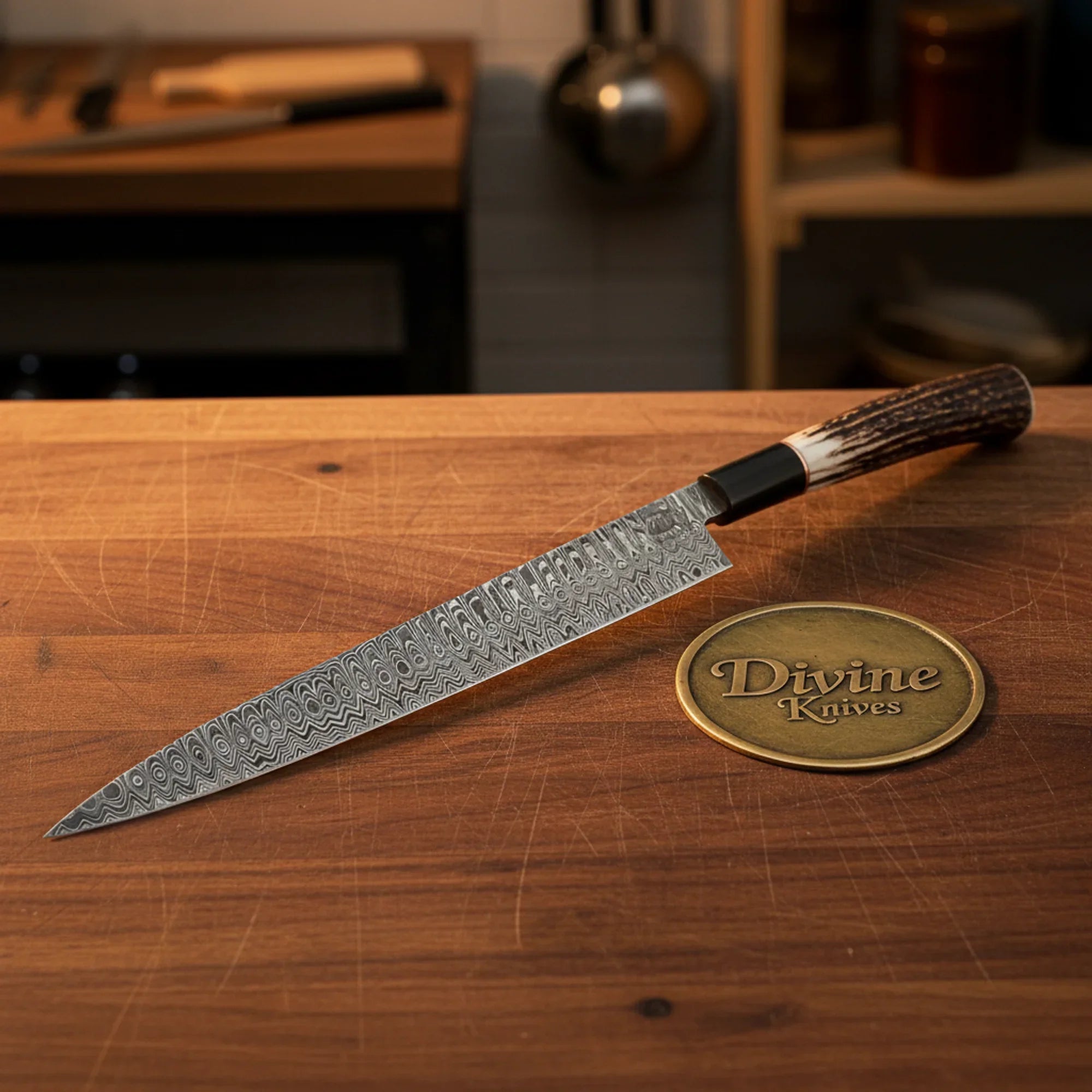 Damascus Chef Knife with Resin Handle – Handcrafted Green & Cream Kitchen Knife by Divine Knives