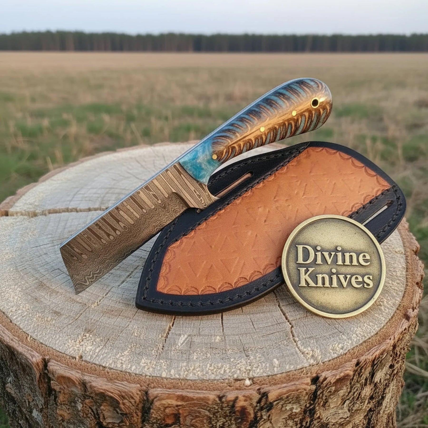 Teal Wood Handle Damascus Comb Back Knife for Everyday Carry by Divine Knives