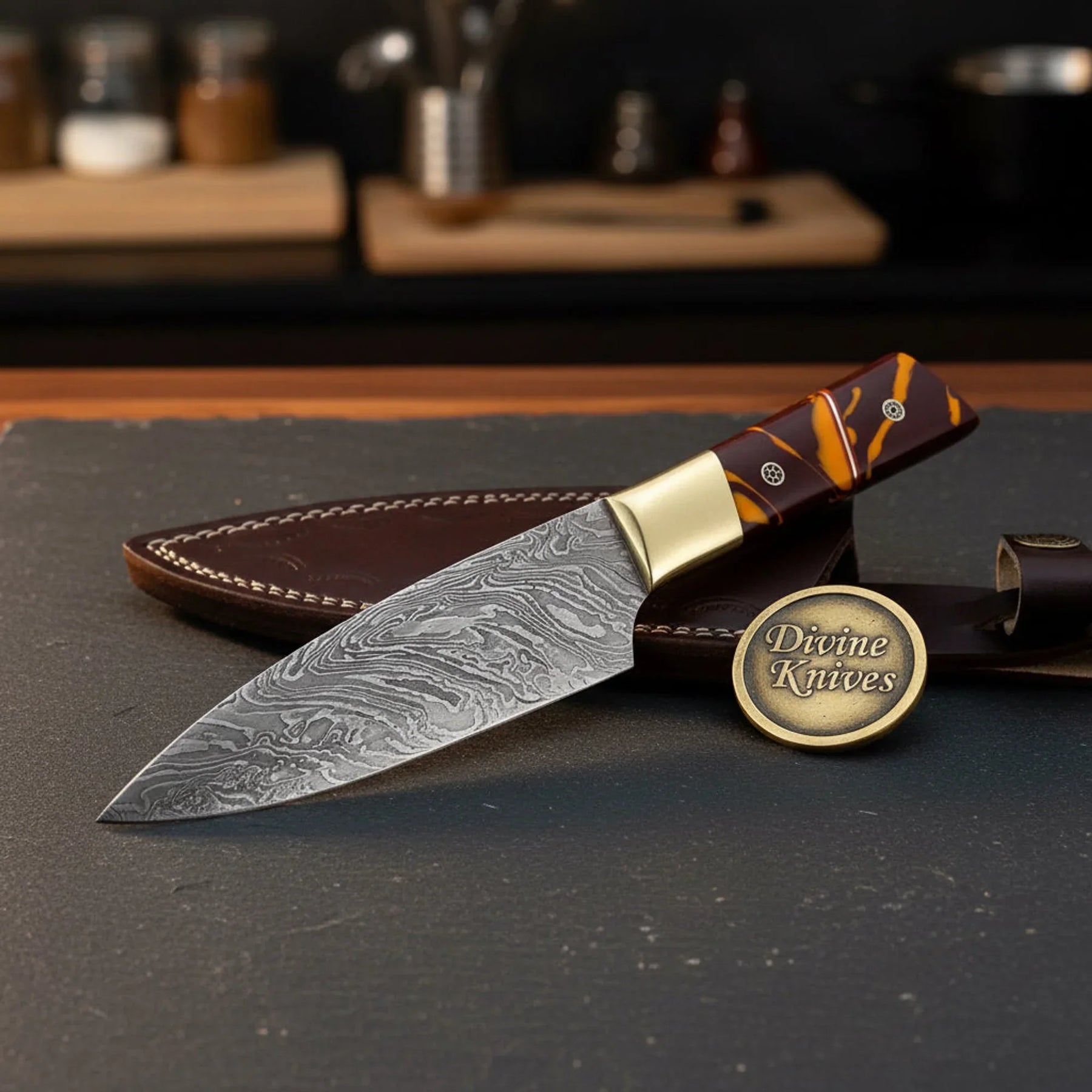 Damascus Slicing Knife with Stag Handle – Handcrafted Carving Knife for Meat & Roasts by Divine Knives
