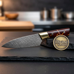 Damascus Slicing Knife with Stag Handle – Handcrafted Carving Knife for Meat & Roasts detail view by Divine Knives