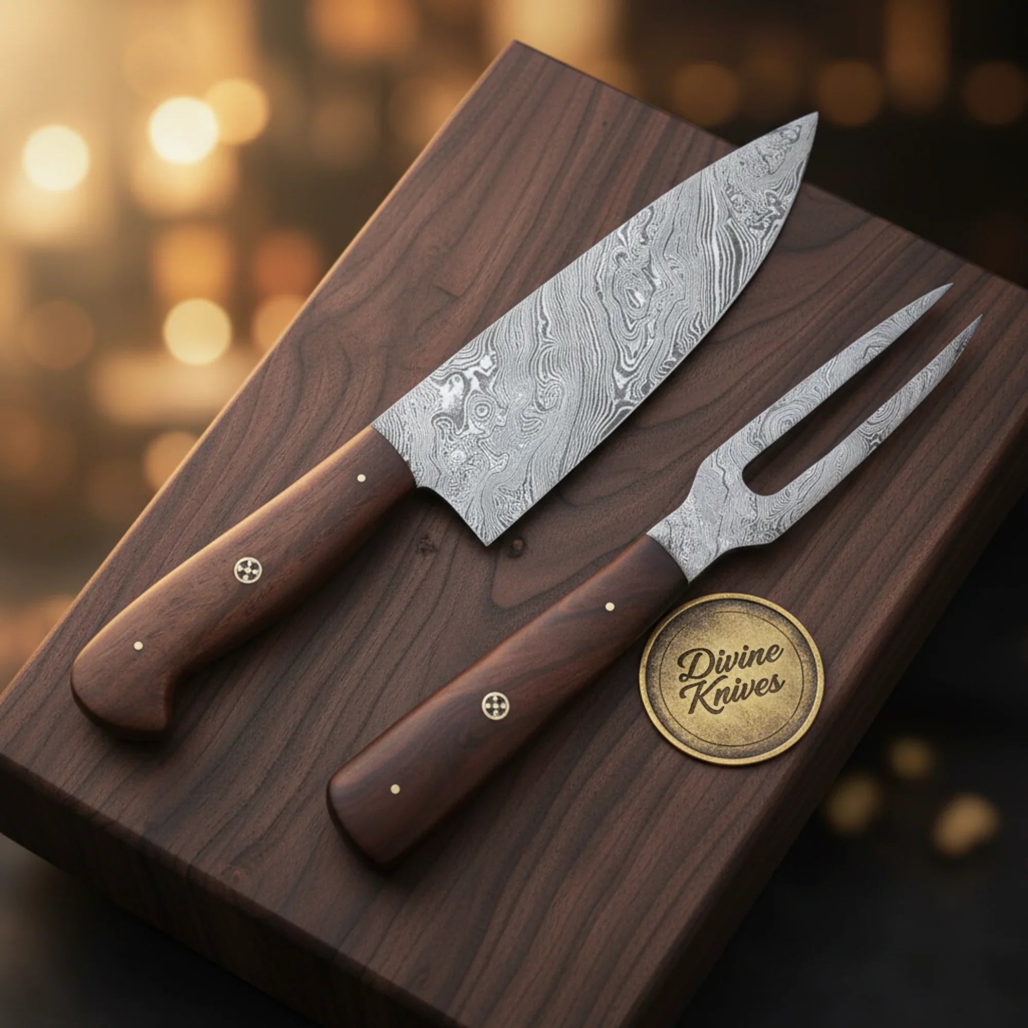 Twin Damascus Hunting Knife Set with Serrated Blades and Brass Handles by Divine Knives