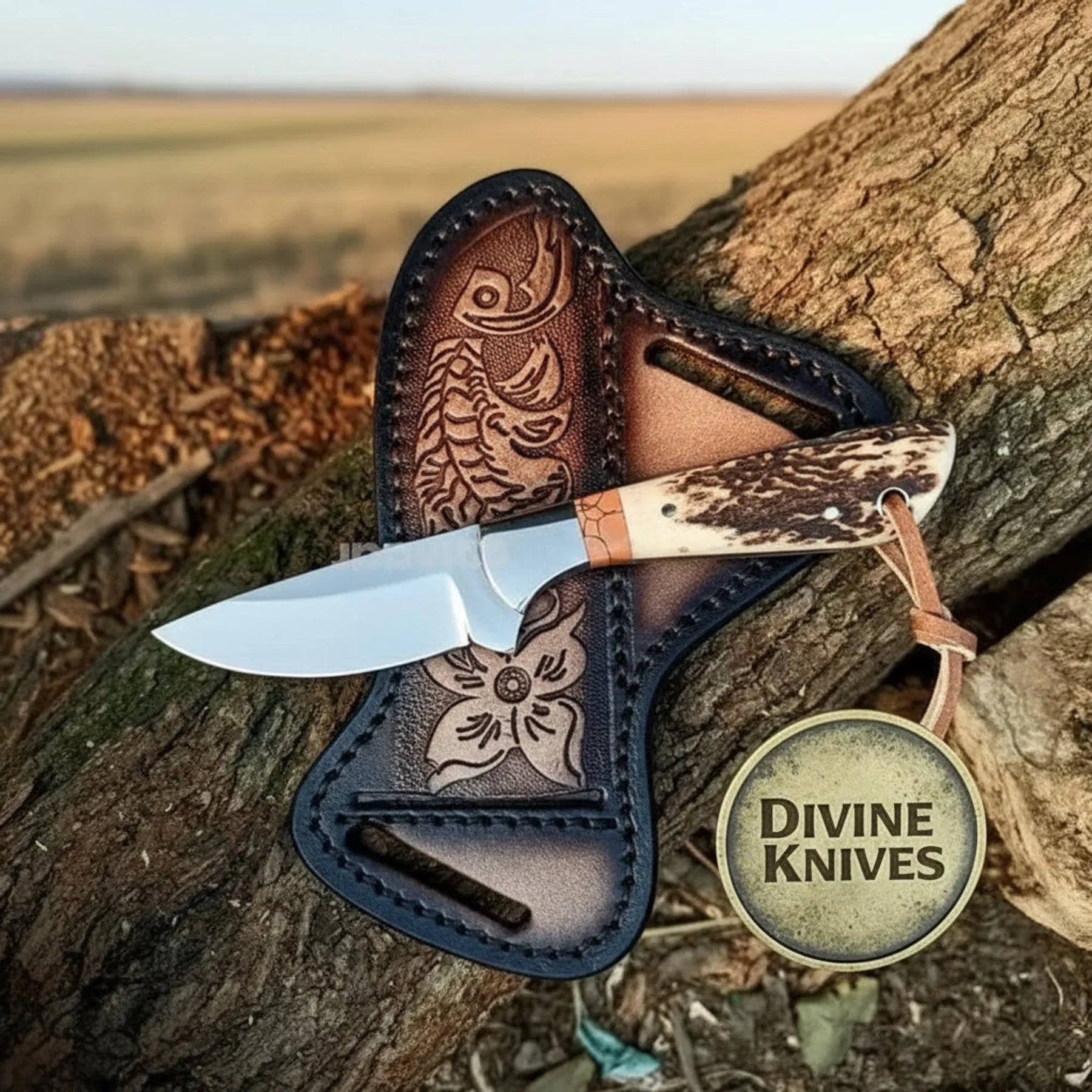 Full Damascus Cowboy Bull Cutter Knife with D-Guard Grip – Handcrafted Western Ranch & Display Piece by Divine Knives