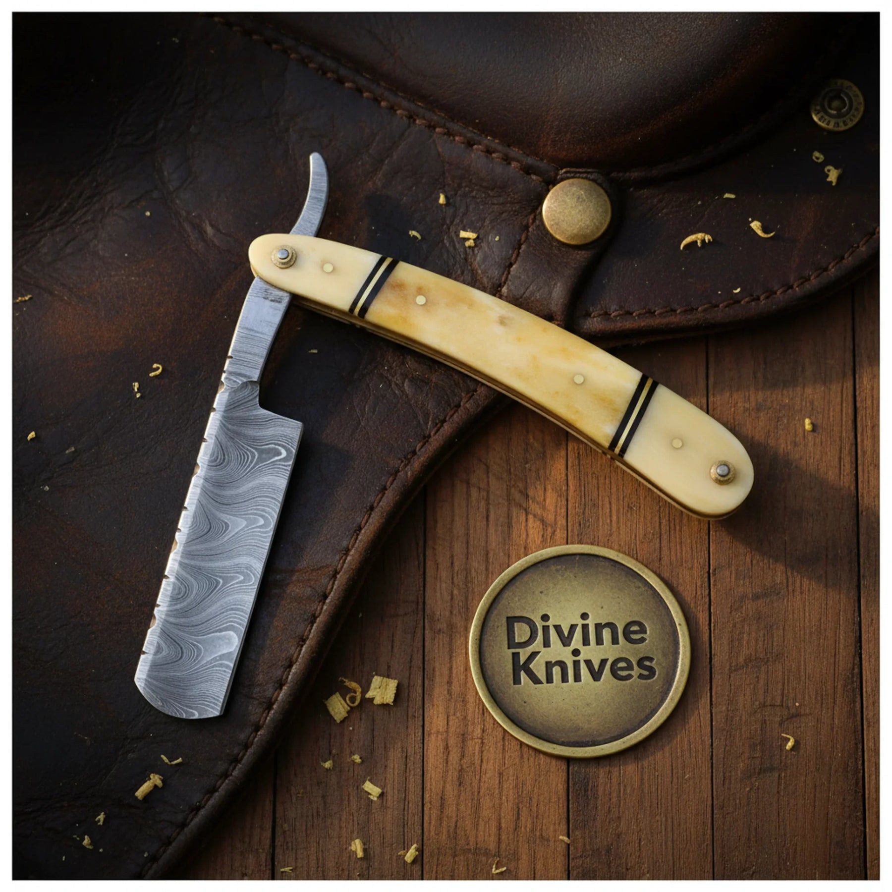 Blue Handle Damascus Folding Knife Set with Carrying Pouch by Divine Knives