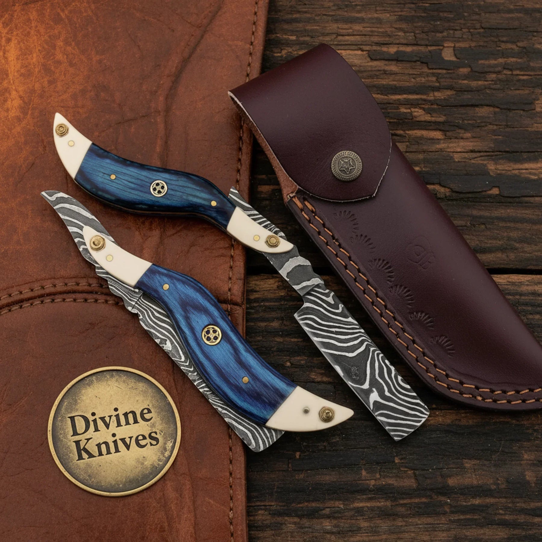 Blue Resin Handle Damascus Straight Razor for Traditional Shaving by Divine Knives