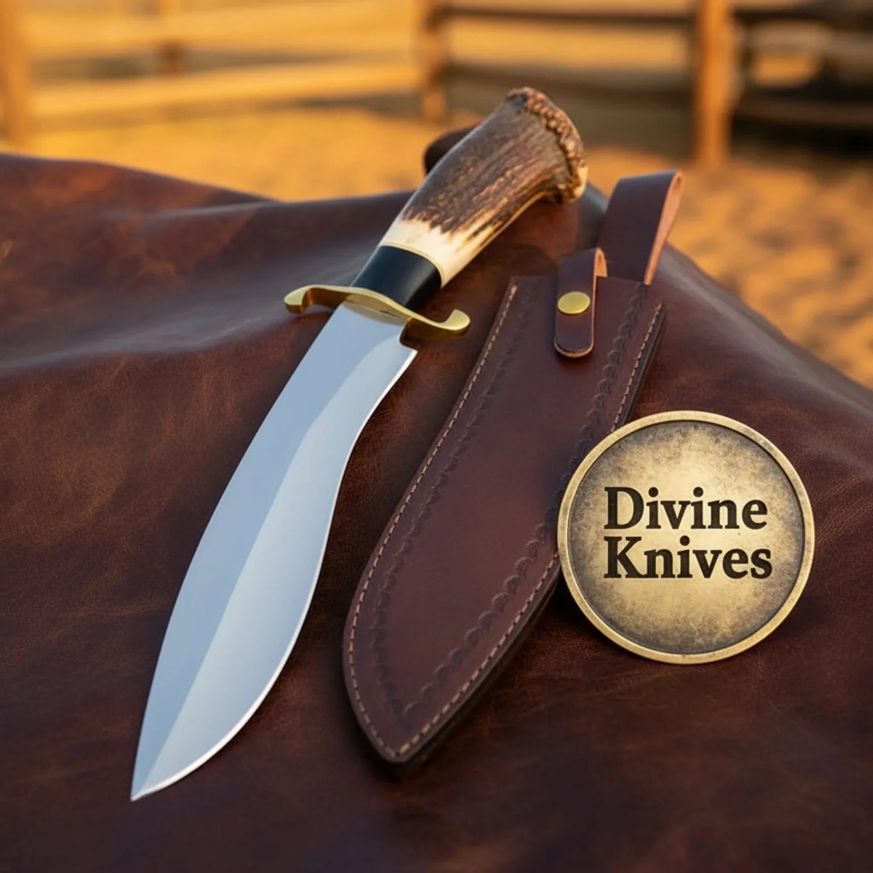 Damascus D-Guard Bowie Knife with Leather Sheath – Handcrafted Collectible Display Piece by Divine Knives