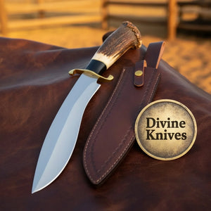 Damascus D-Guard Bowie Knife with Leather Sheath – Handcrafted Collectible Display Piece by Divine Knives