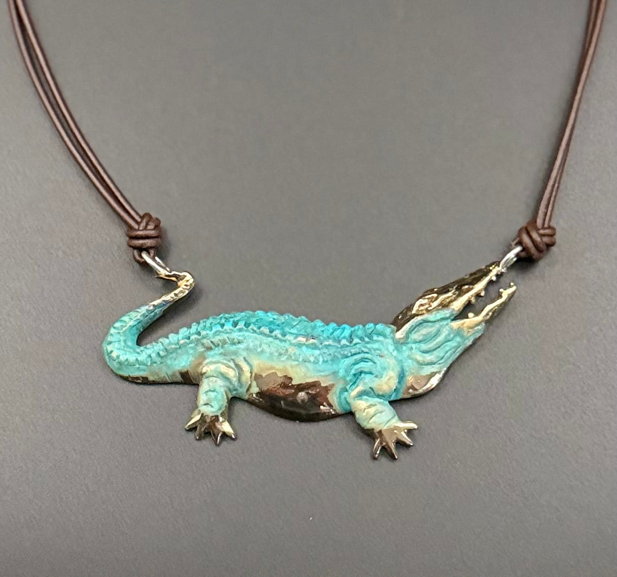 Bronze Alligator Necklace on Leather by Anisa Jewelry