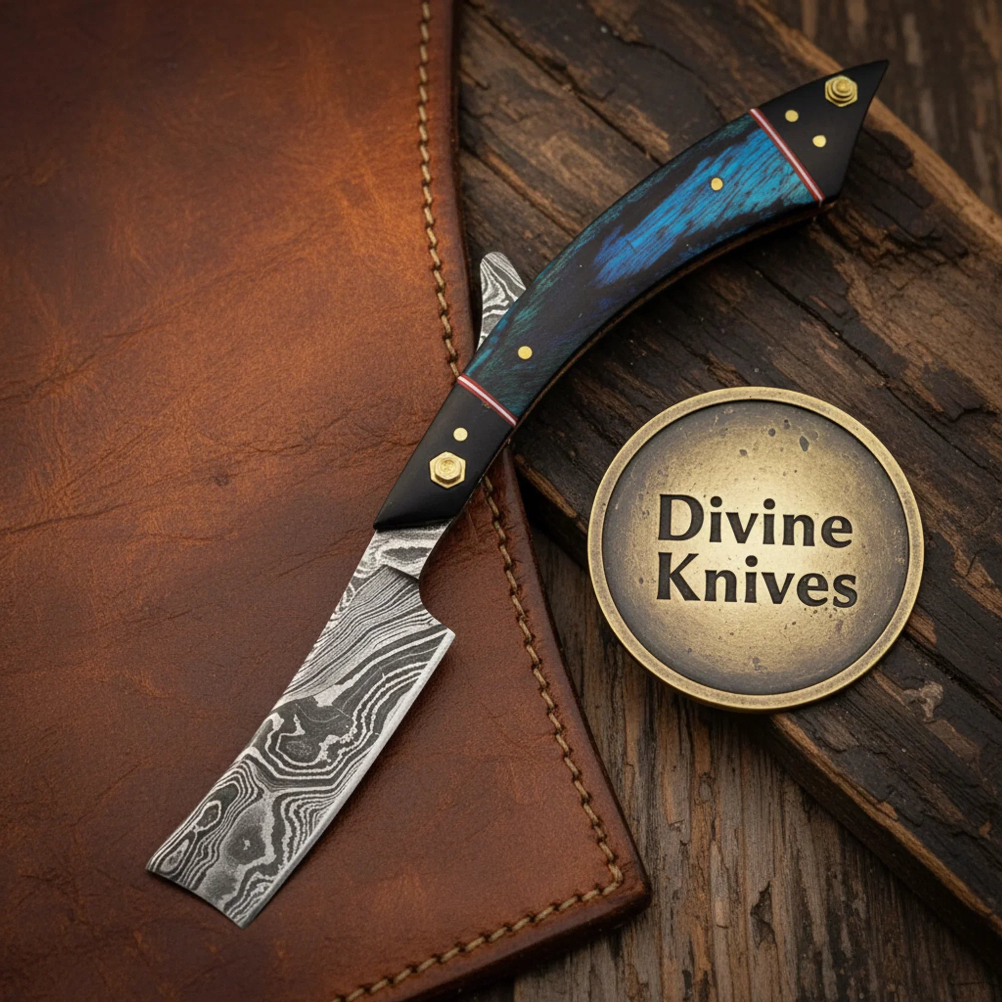 Scrimshaw Damascus Straight Razor with Bone Handle – Handcrafted Cut-Throat Razor with Nautical Art by Divine Knives