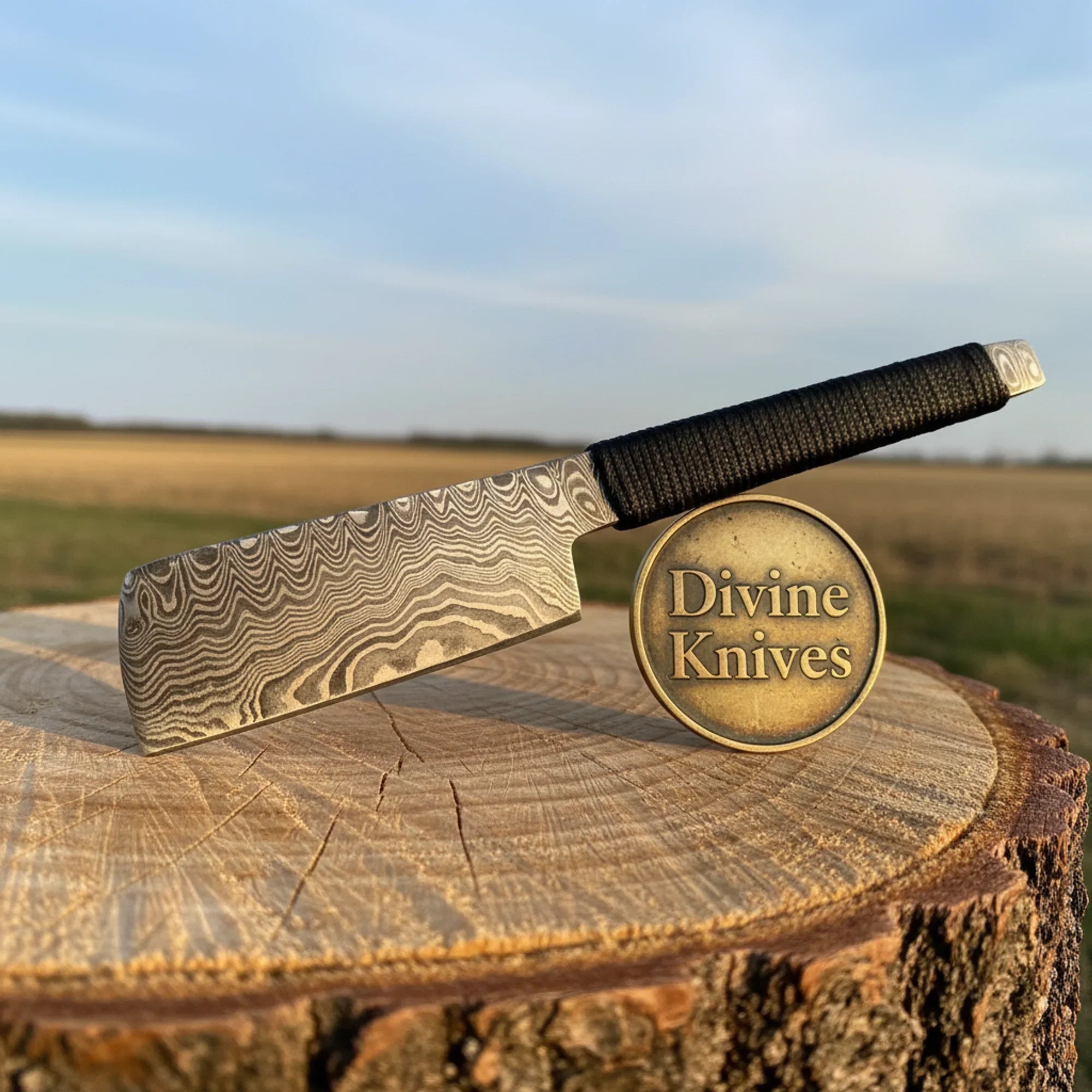 Compact Damascus Mini Cleaver with Cord-Wrapped Handle by Divine Knives
