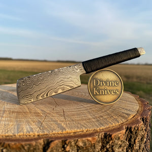 Compact Damascus Mini Cleaver with Cord-Wrapped Handle by Divine Knives