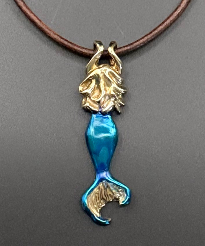 Bronze Mermaid Pendant with Blue Patina Tail on Brown Leather by Anisa Jewelry