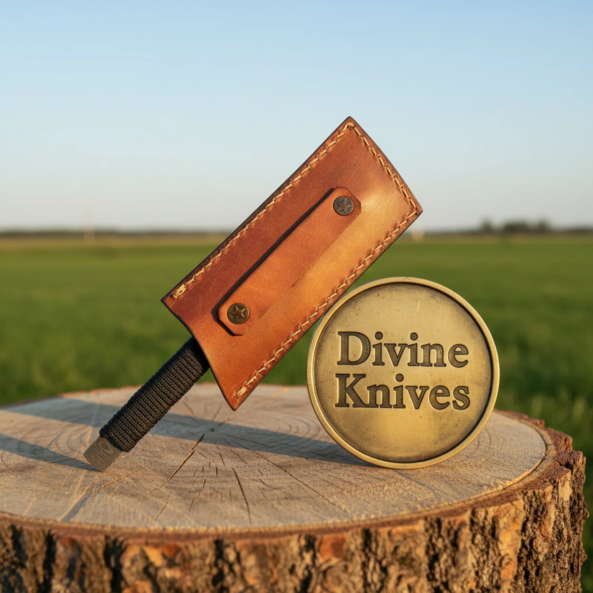 Compact Damascus Mini Cleaver with Cord-Wrapped Handle detail view by Divine Knives