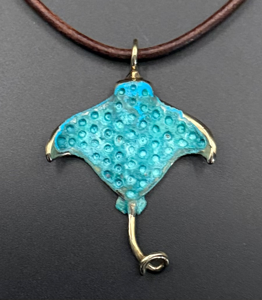 Bronze Spotted Eagle Ray Pendant with Verde Patina by Anisa Jewelry