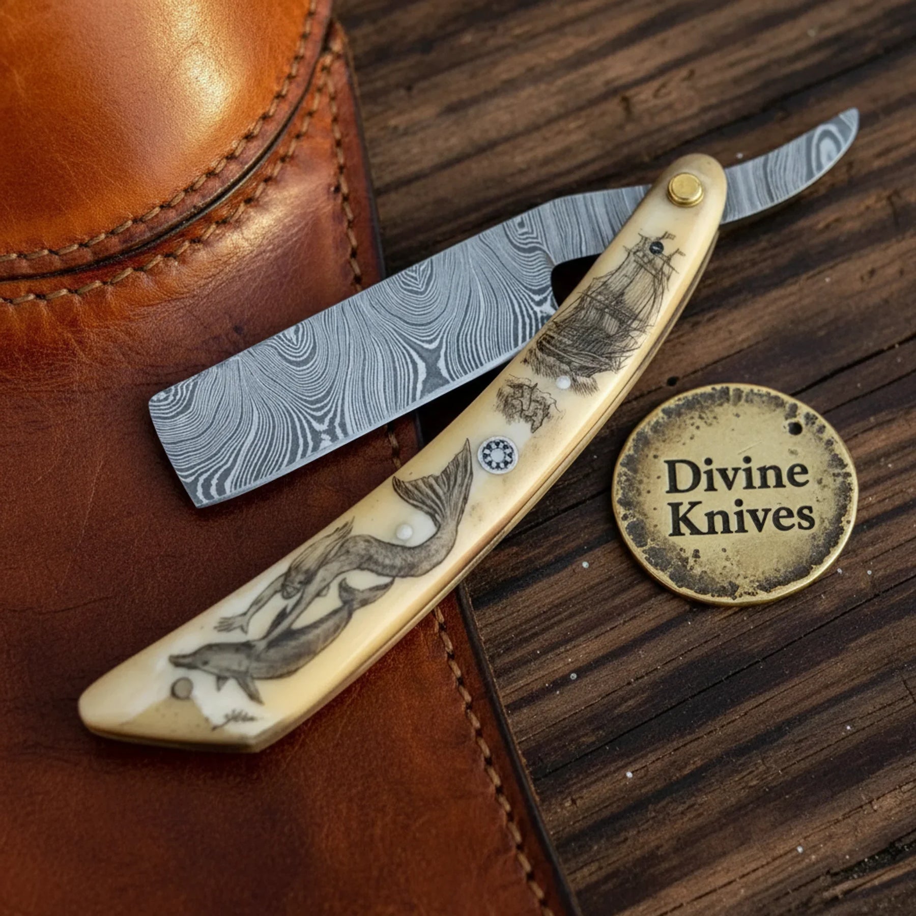 Damascus Straight Razor with Olive Wood Handle & Leather Pouch – Handcrafted Cut-Throat Razor for Travel by Divine Knives