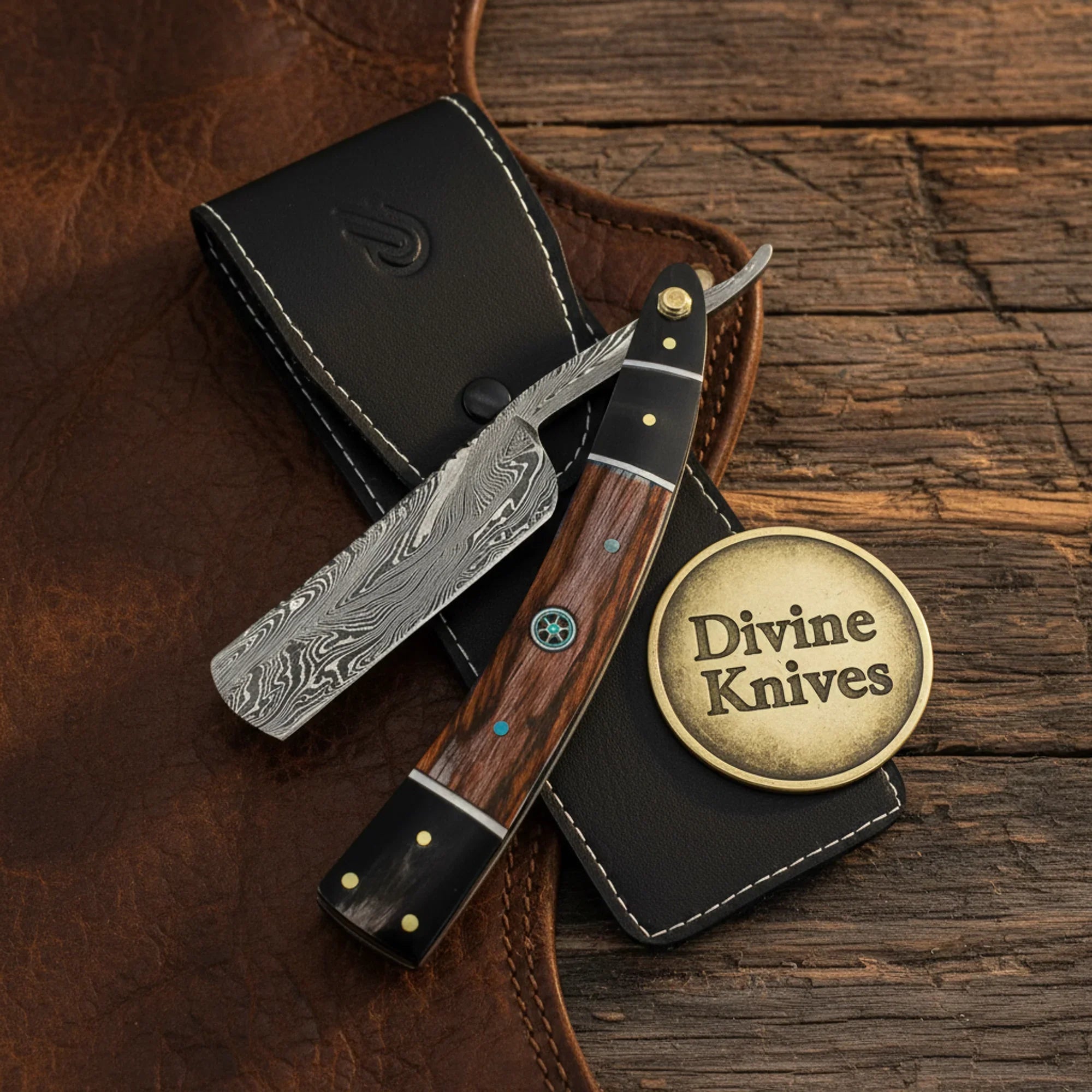 Damascus Straight Razor with Rosewood Handle & Turquoise Pin – Handcrafted Cut-Throat Razor with Western Accent by Divine