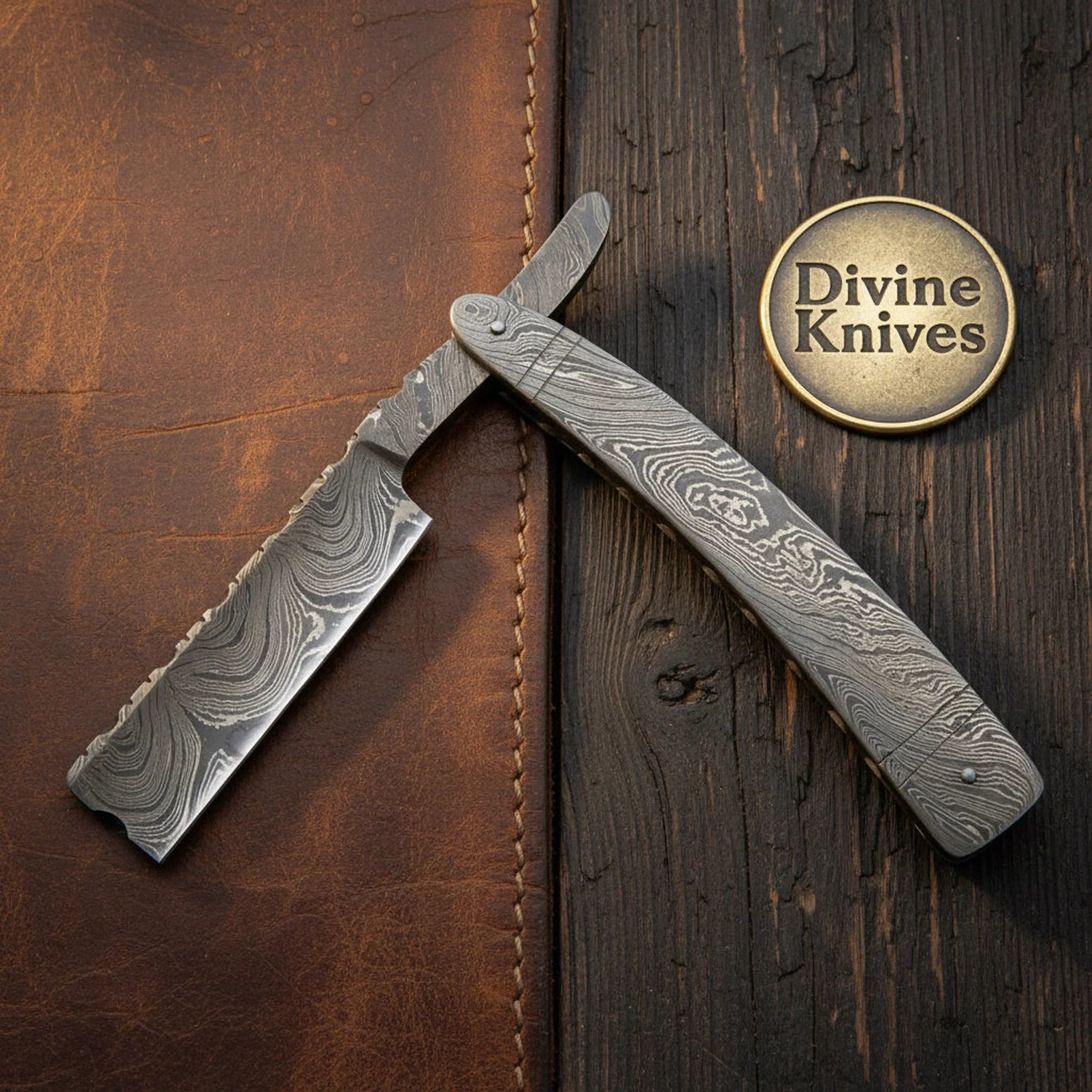 Full Damascus Straight Razor – Handcrafted All-Steel Cut-Throat Razor with 4-Inch Blade by Divine Knives