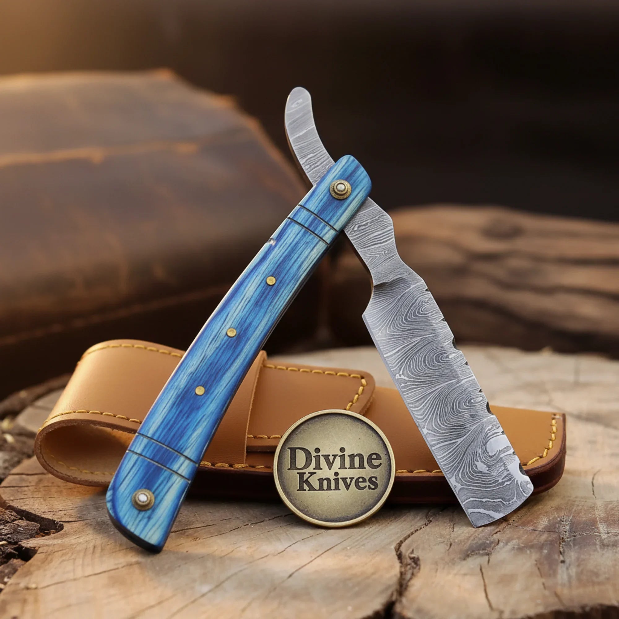 Blue Pakkawood Damascus Straight Razor – Handcrafted Cut-Throat Razor with 3–4 Inch Blade by Divine Knives
