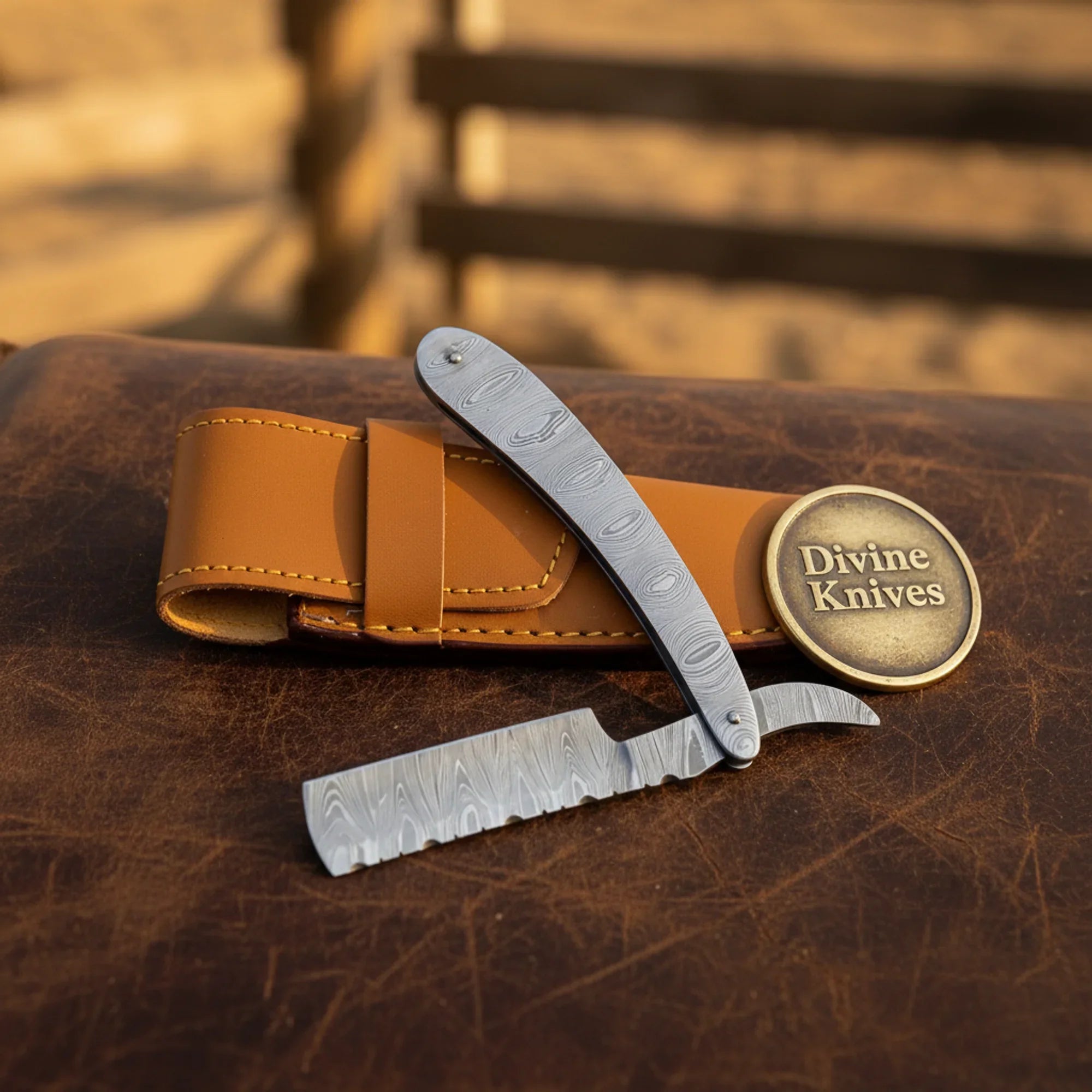 All Steel Damascus Straight Razor with Sheath – Handcrafted Cut-Throat Razor with 4-Inch Blade by Divine Knives