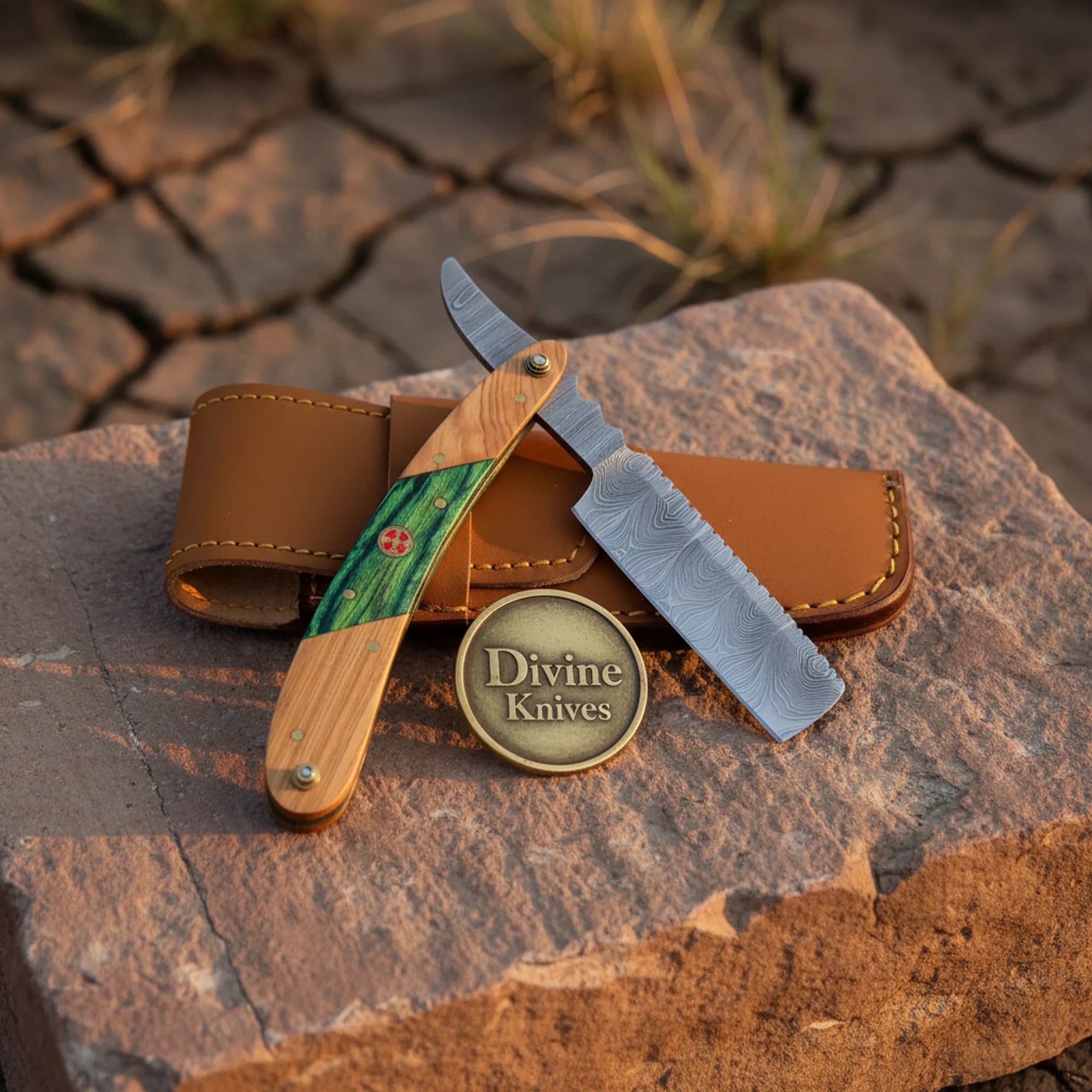 Green Pakkawood Damascus Straight Razor with Mosaic Pin – Handcrafted 4-Inch Cut-Throat Razor by Divine Knives