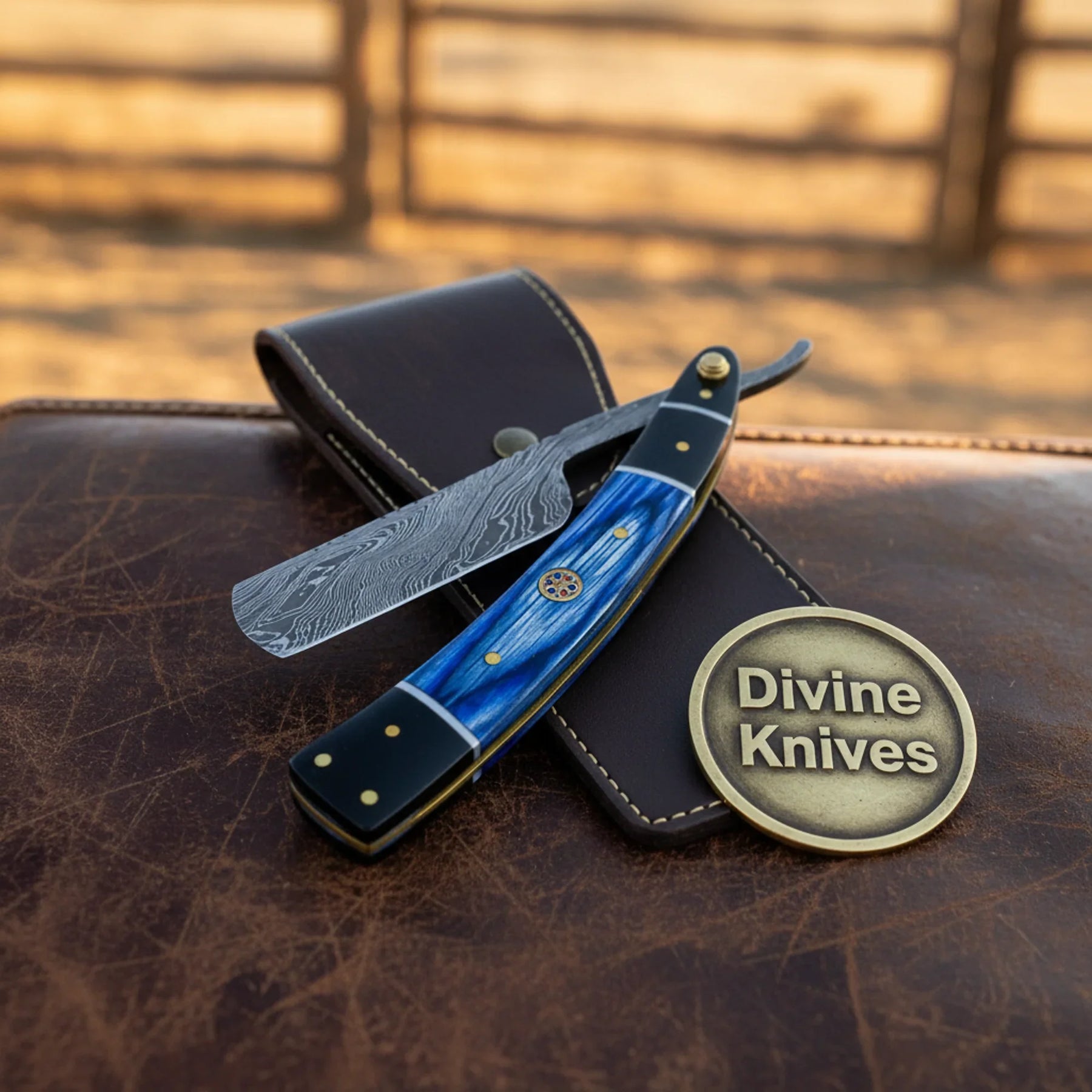 Twisted Damascus Straight Razor with Blue & Black Handle – Handcrafted Cut-Throat Razor with 4-Inch Edge by Divine Knives