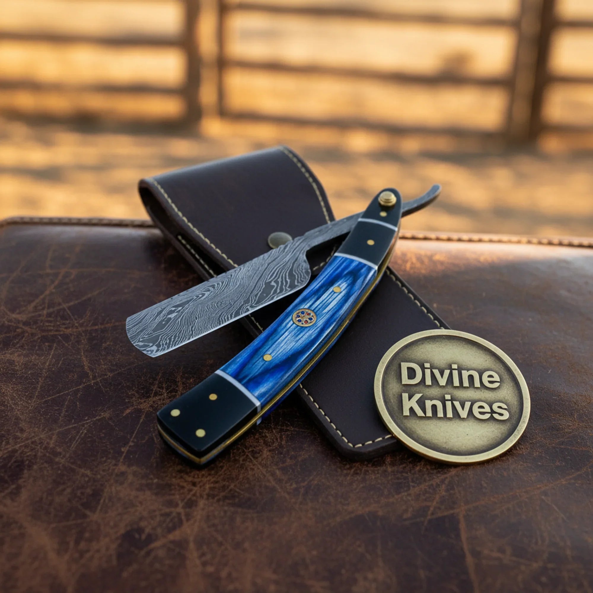 Twisted Damascus Straight Razor with Blue & Black Handle – Handcrafted Cut-Throat Razor with 4-Inch Edge by Divine Knives