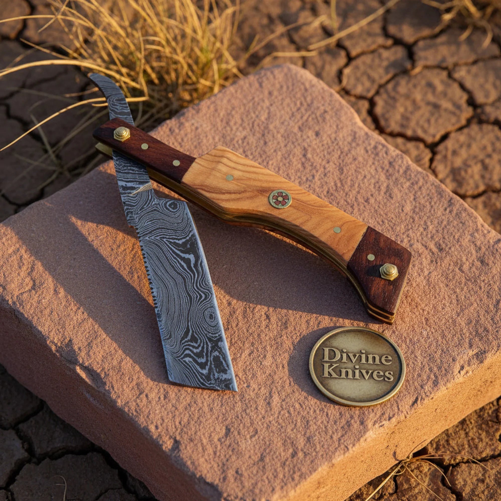 Olive & Tali Wood Damascus Straight Razor – Handcrafted Cut-Throat Razor with Brass Pins by Divine Knives