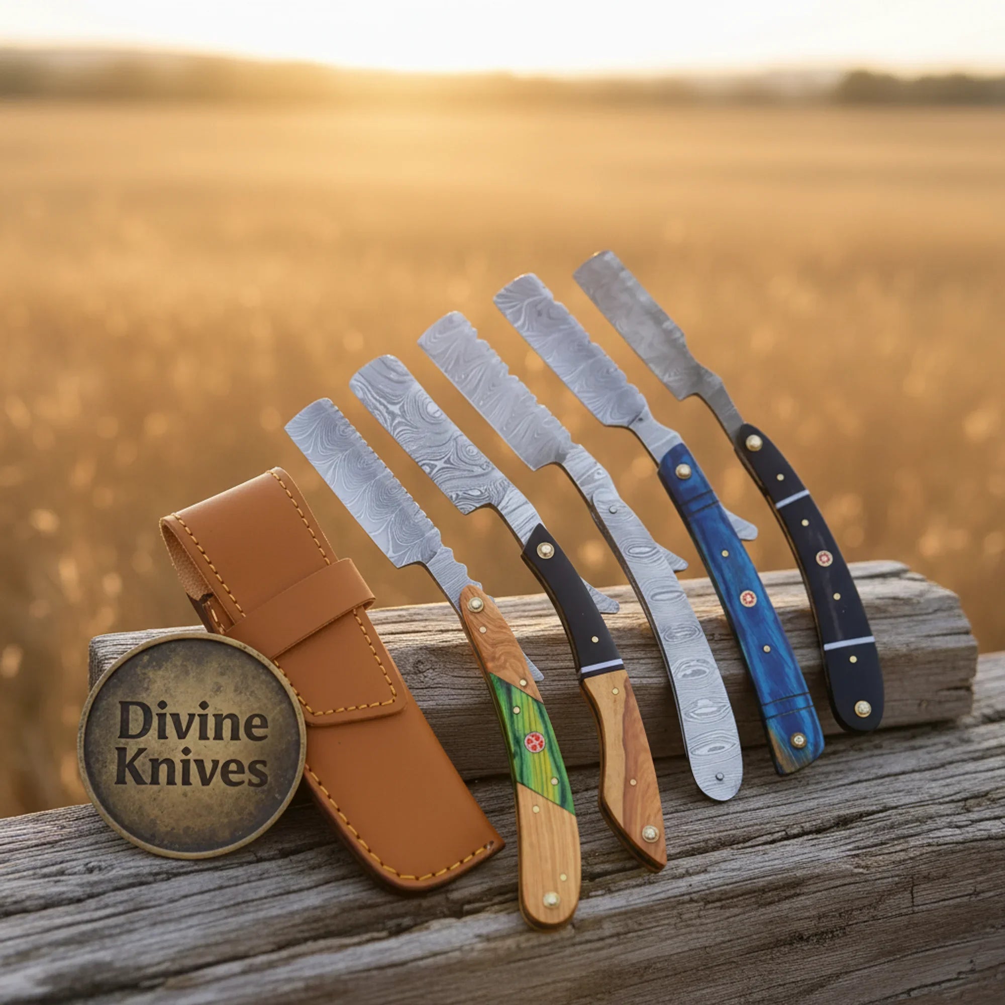 Damascus Straight Razor Set of 5 with Leather Pouch – Handcrafted Cut-Throat Razor Collection by Divine Knives