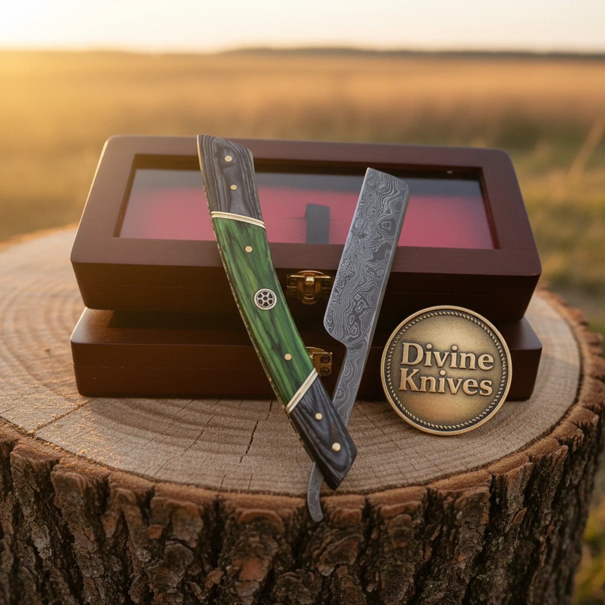 Green & Black Pakkawood Damascus Straight Razor – Handcrafted Cut-Throat Razor with Display Box by Divine Knives