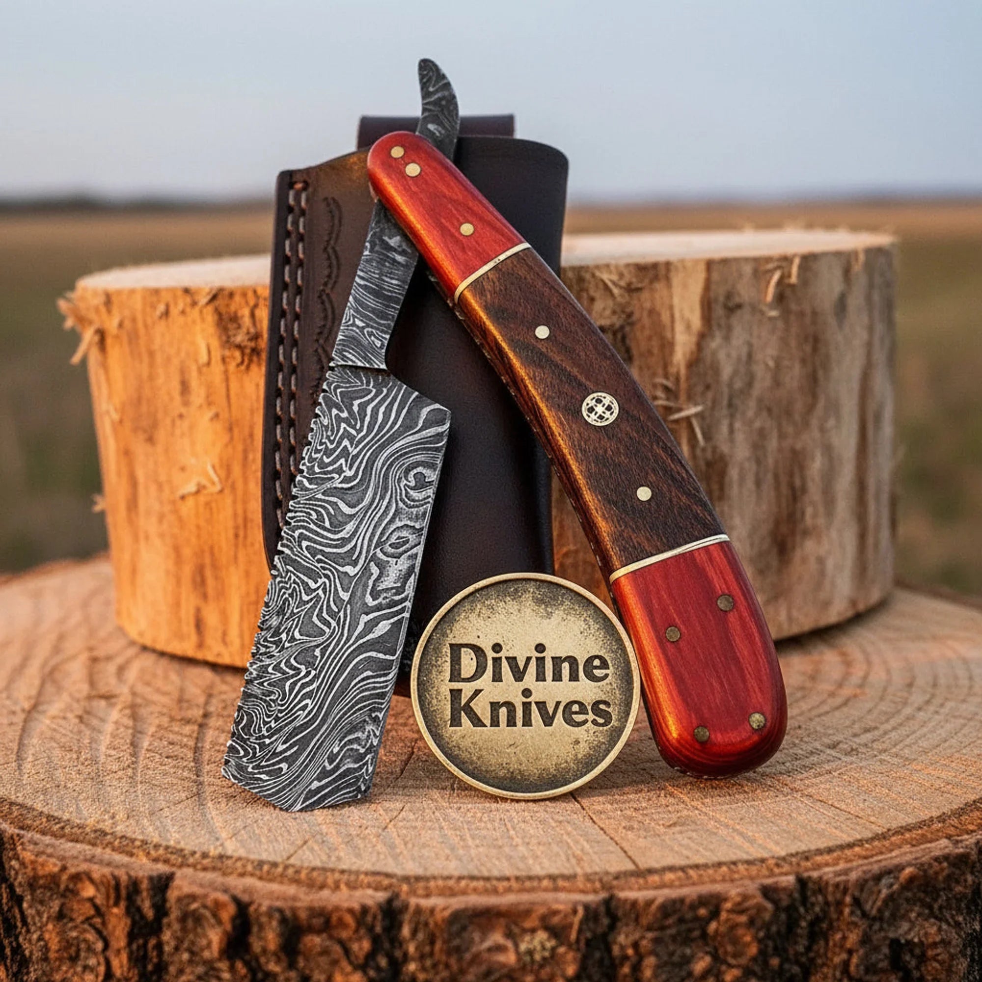 Rosewood & Tali Damascus Straight Razor – Handcrafted Cut-Throat Razor with Brass Pins & Sheath by Divine Knives
