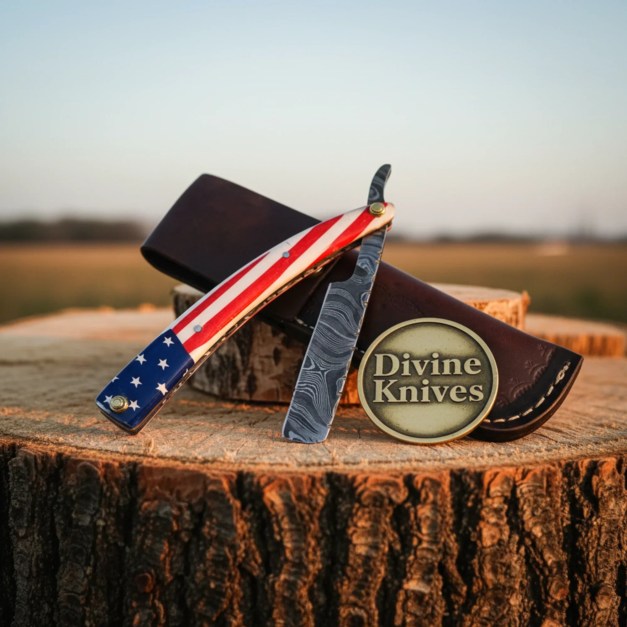 American Flag Damascus Straight Razor – Handcrafted Patriotic Cut-Throat Razor with 4-Inch Blade by Divine Knives