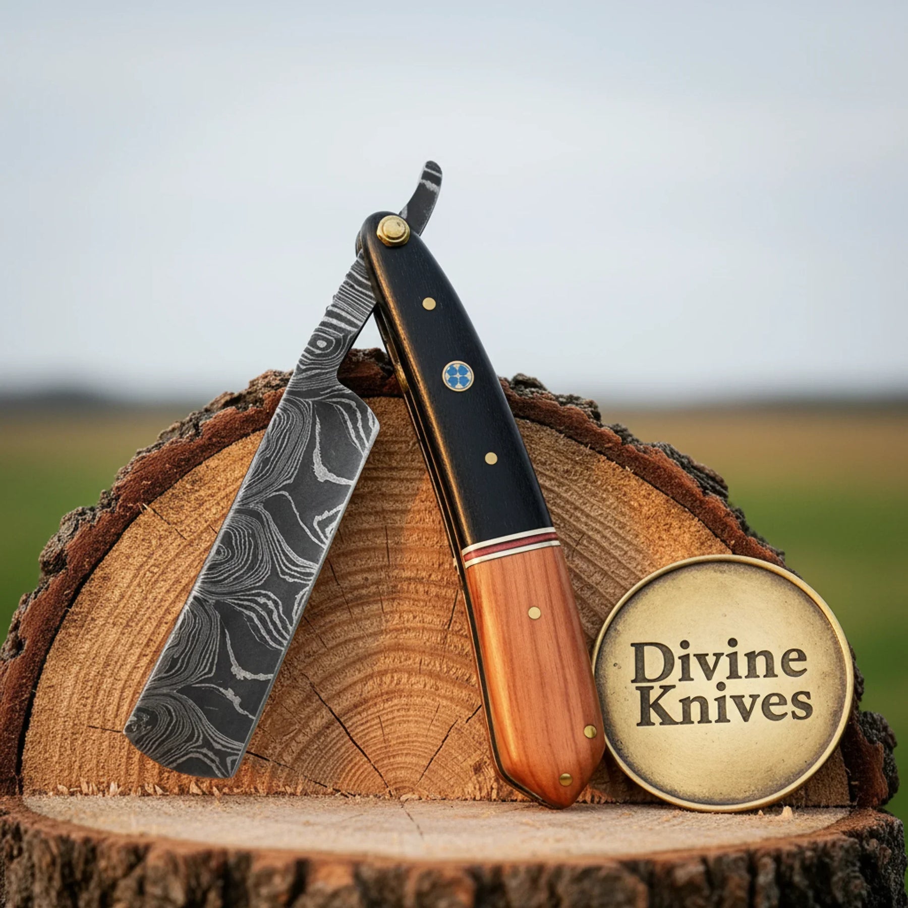 Black & Olive Wood Damascus Straight Razor – Handcrafted Cut-Throat Razor with 4-Inch Edge by Divine Knives